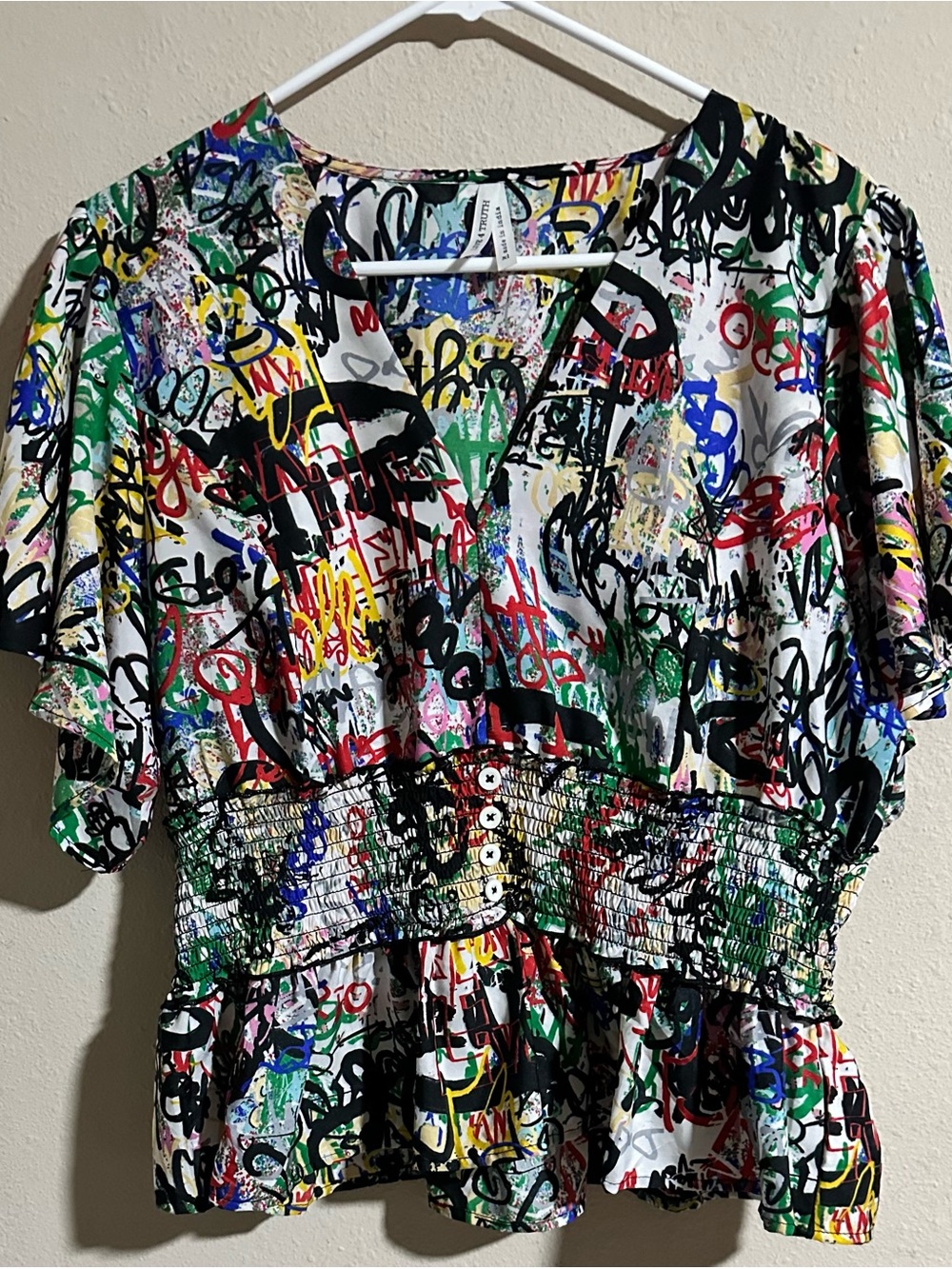 Live 4 Truth Multicolor Graffiti Print Smocked Waist Blouse